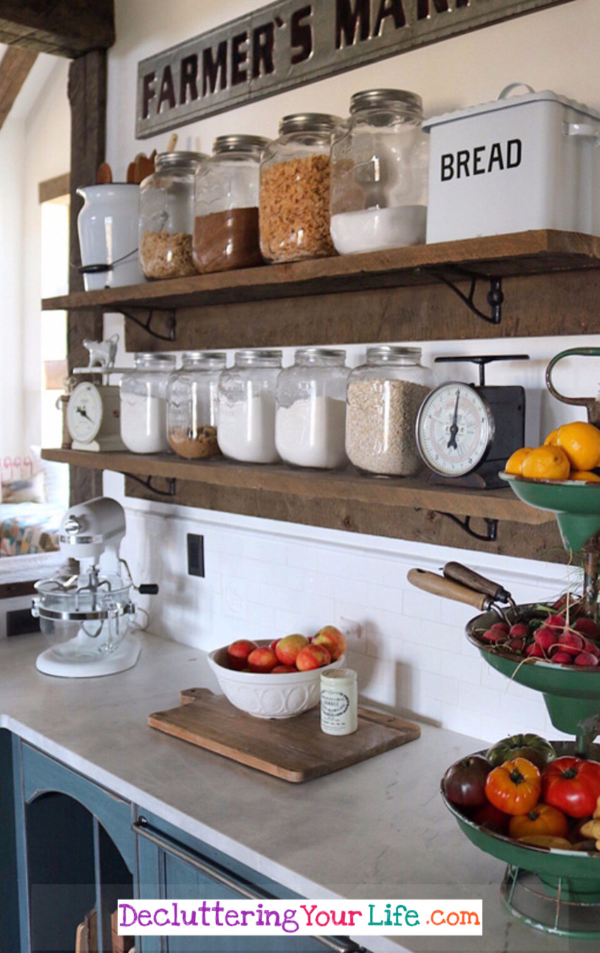 Kitchen organization open shelving - Gorgeous rustic kitchen DIY idea to organize and declutter in your kitchen.  This DIY kitchen shelves idea is beautiful - and would be great in a small kitchen with limited wall space.