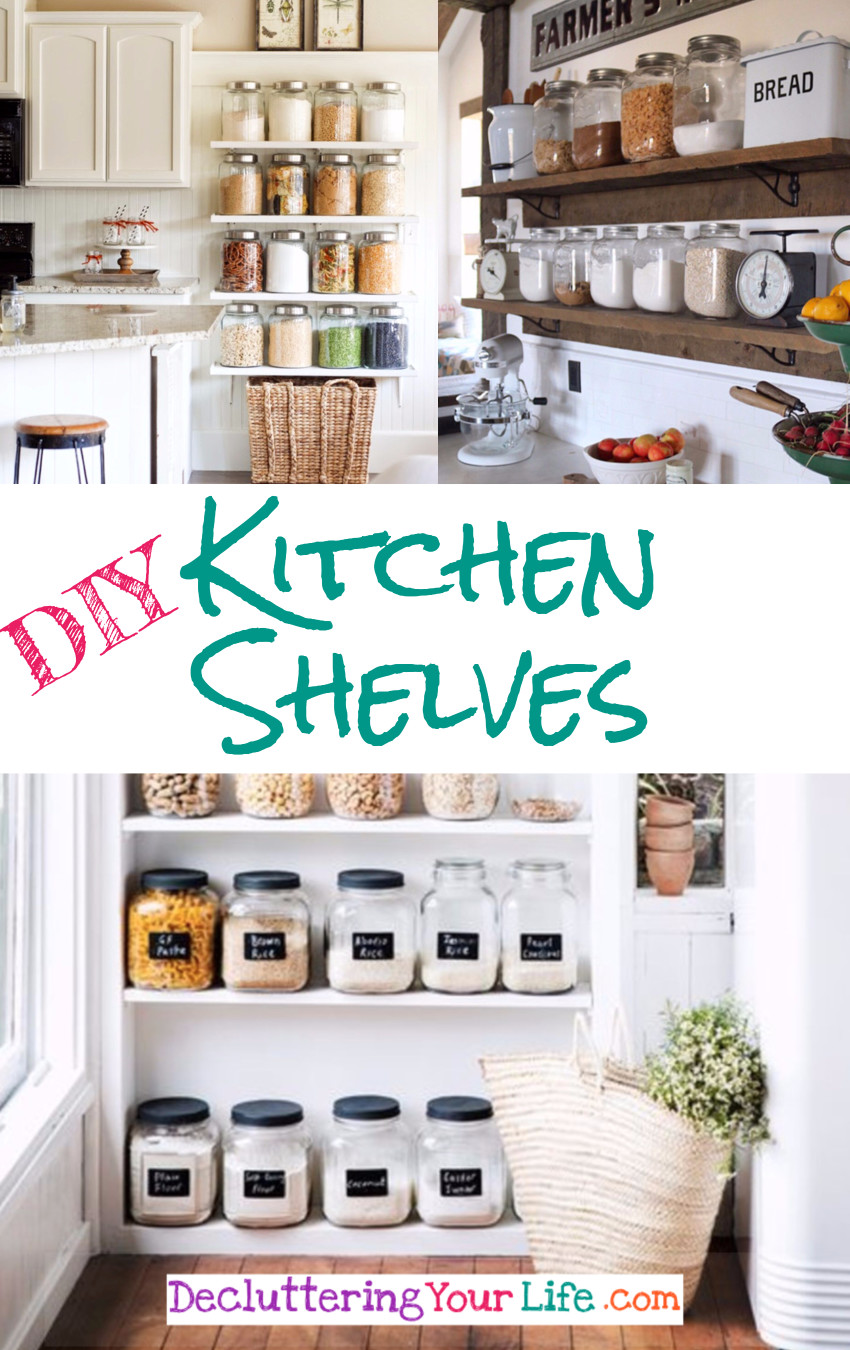 Open shelves in kitchen to organize farmhouse country kitchen on a budget - kitchen storage and organization ideas