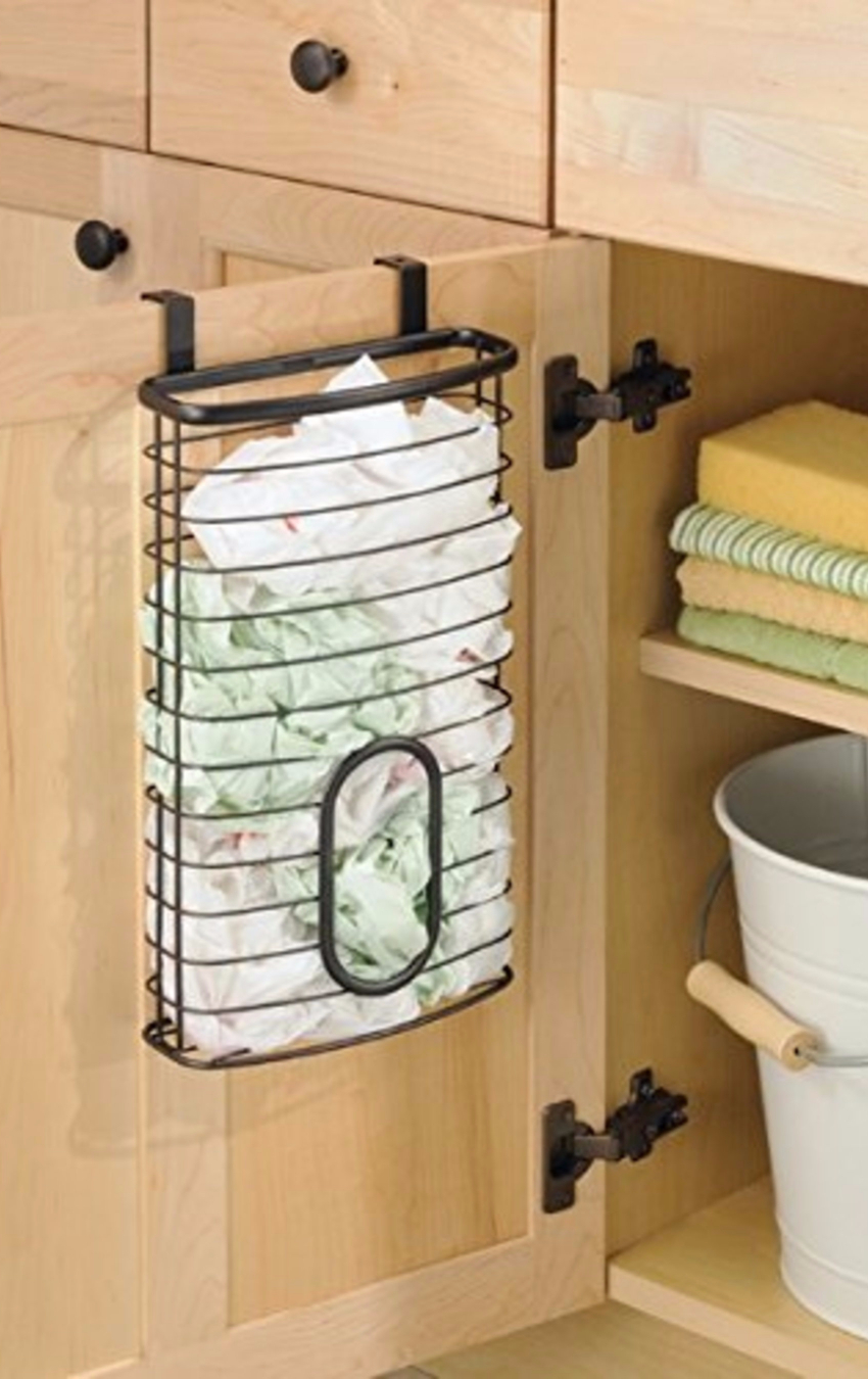 Declutter your kitchen with a plastic bag storage holder.  Plastic grocery bag storage ideas.