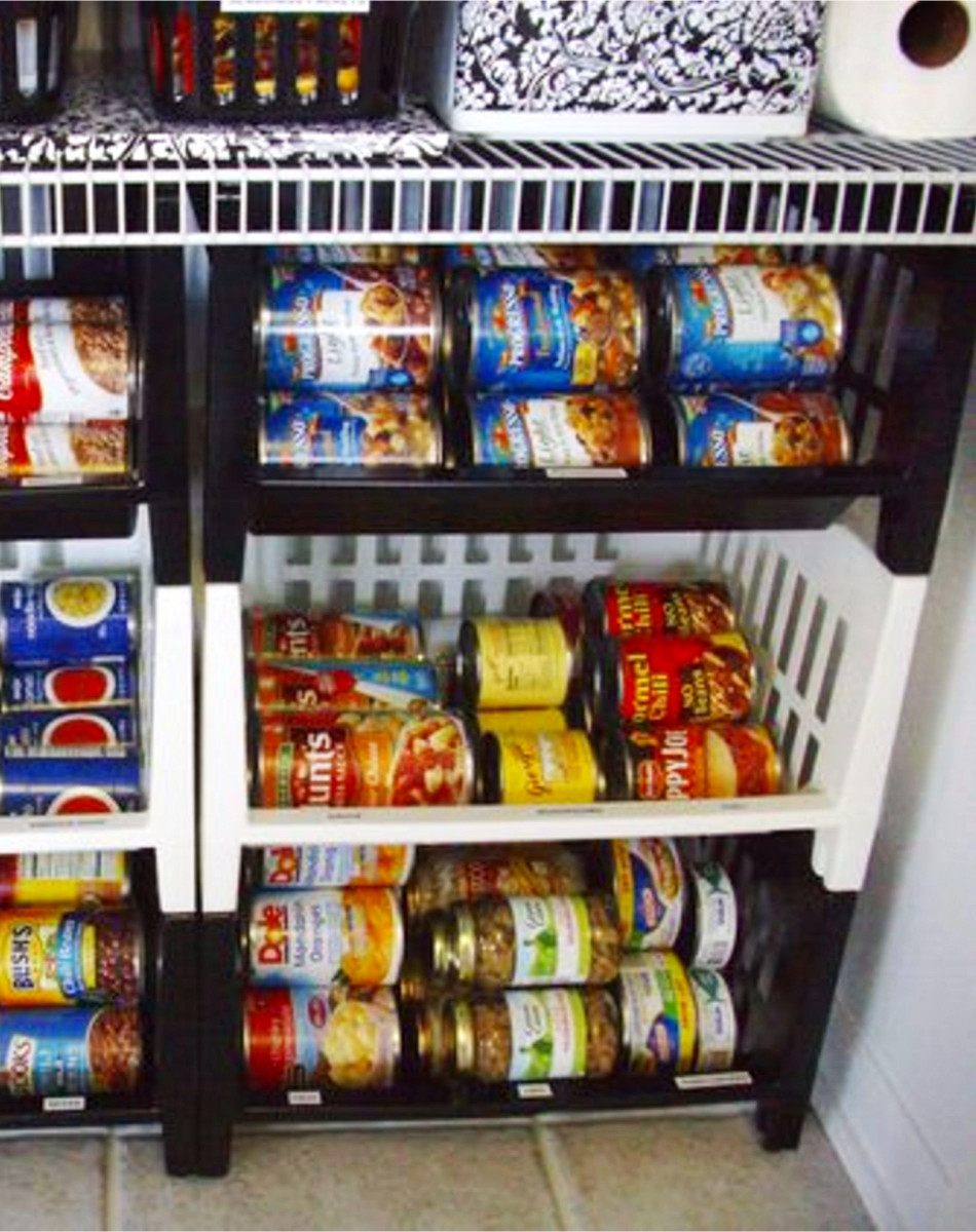 Pantry Organizing tips for an organized pantry in your kitchen - Smart way to organize canned goods in a small pantry using cheap dollar store stacking baskets / bins.