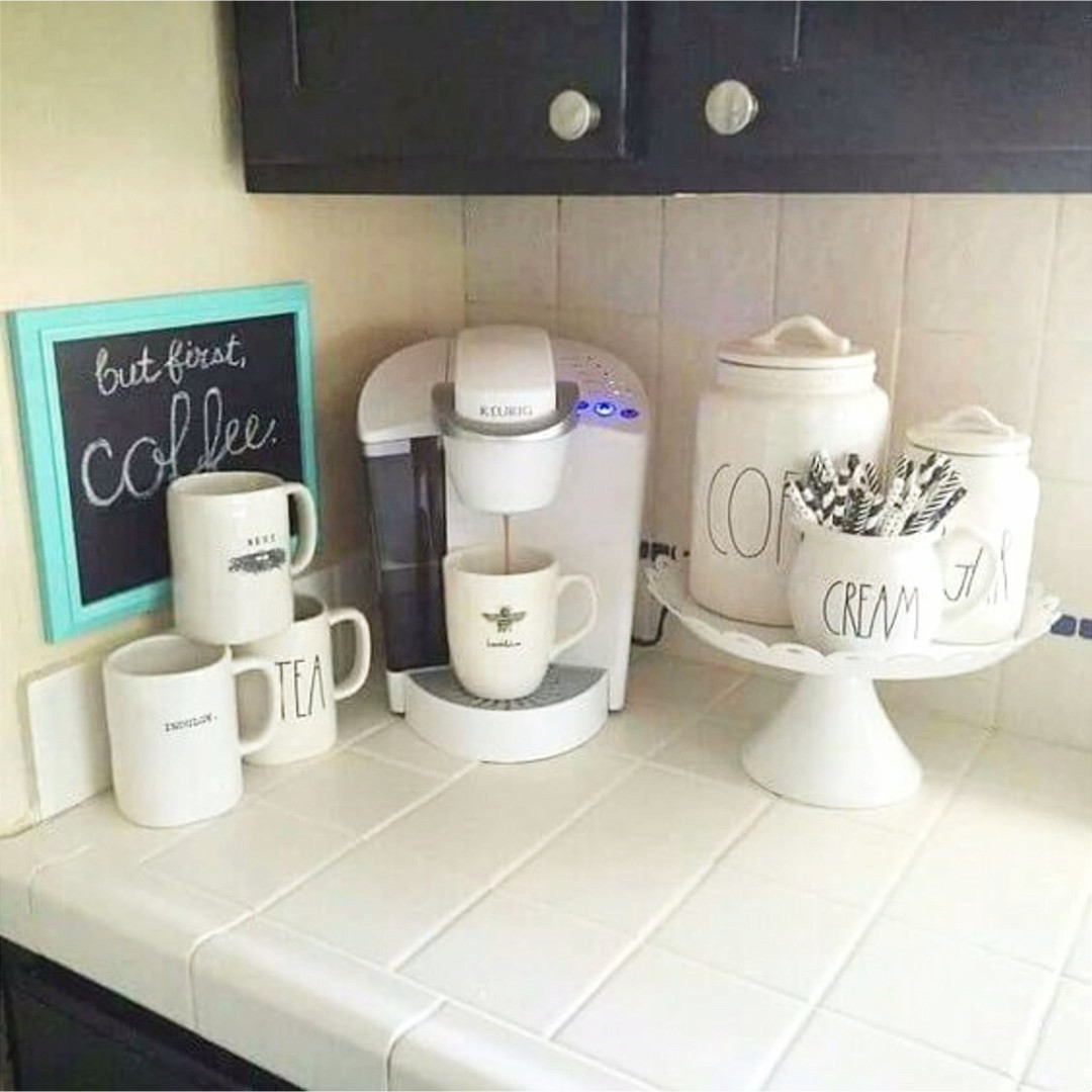 DIY coffee bar ideas for small spaces.  Perfect coffee station set up for a tiny kitchen on the corner counter.  Love the simple farmhouse /  rustic look to ths creative farmhouse style beverage station