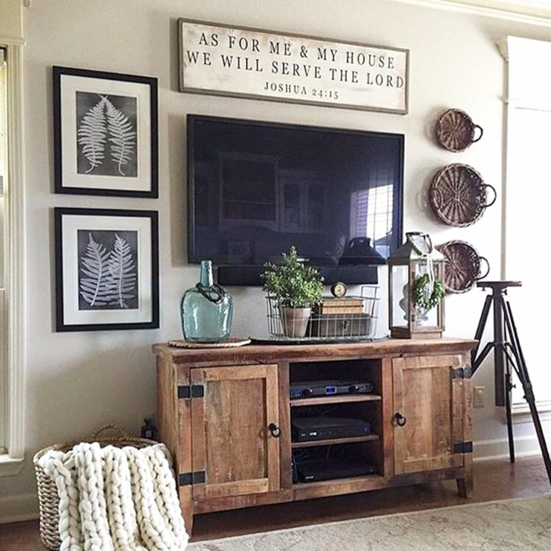 Photo wall Ideas - Rustic farmhouse decorating idea around tv in living room.  Love this simple diy gallery wall and that rustic cabinet