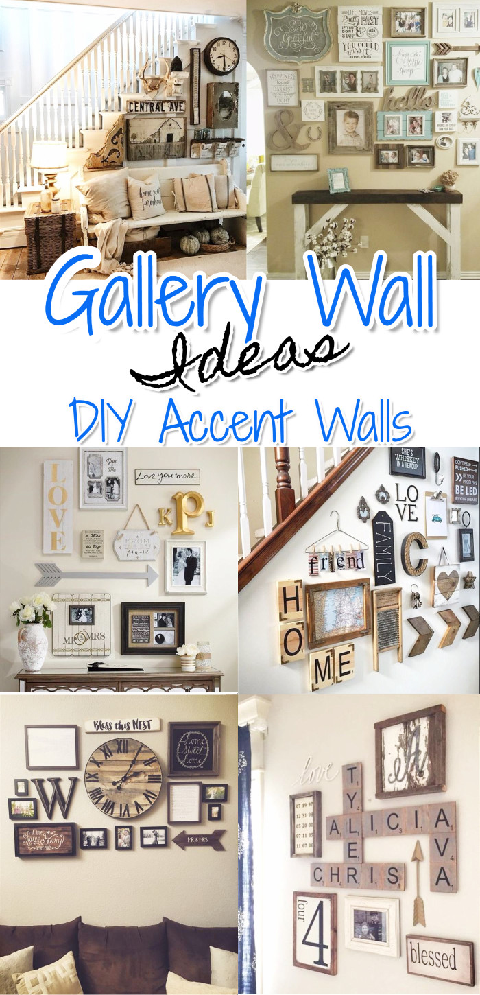 Gallery wall ideas, designs, and DIY layout ideas for any room in your home.  Add an eclectic, rustic, organized, or farmhouse rustic style gallery accent wall to your living room, kitchen, dining room, bedroom, nursery, around tv or in your home office.  LOTS of great gallery walls to get ideas from and copy the look.  Such a beautiful and easy (and cheap) DIY home decor idea.