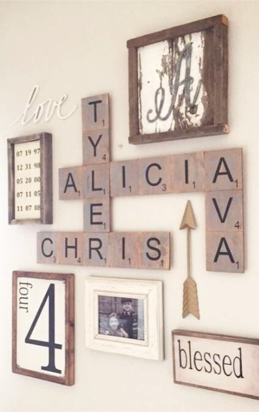Gallery wall ideas I love - great use of large scrabble letters in this rustic/farmhouse gallery wall design