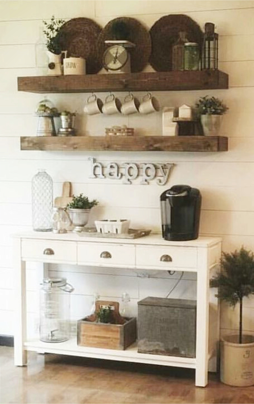 coffee area cabinet ideas - cute for a farmhouse style kitchen or dining room with a coffee bar area #kitchenideas #diyroomdecor #homedecorideas #diyhomedecor #farmhousedecor