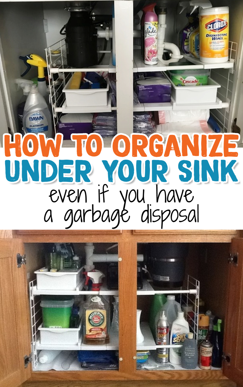 Under kitchen sink organization ideas even with garbage disposal #gettingorganized #kitchenideas #organizationideasforthehome