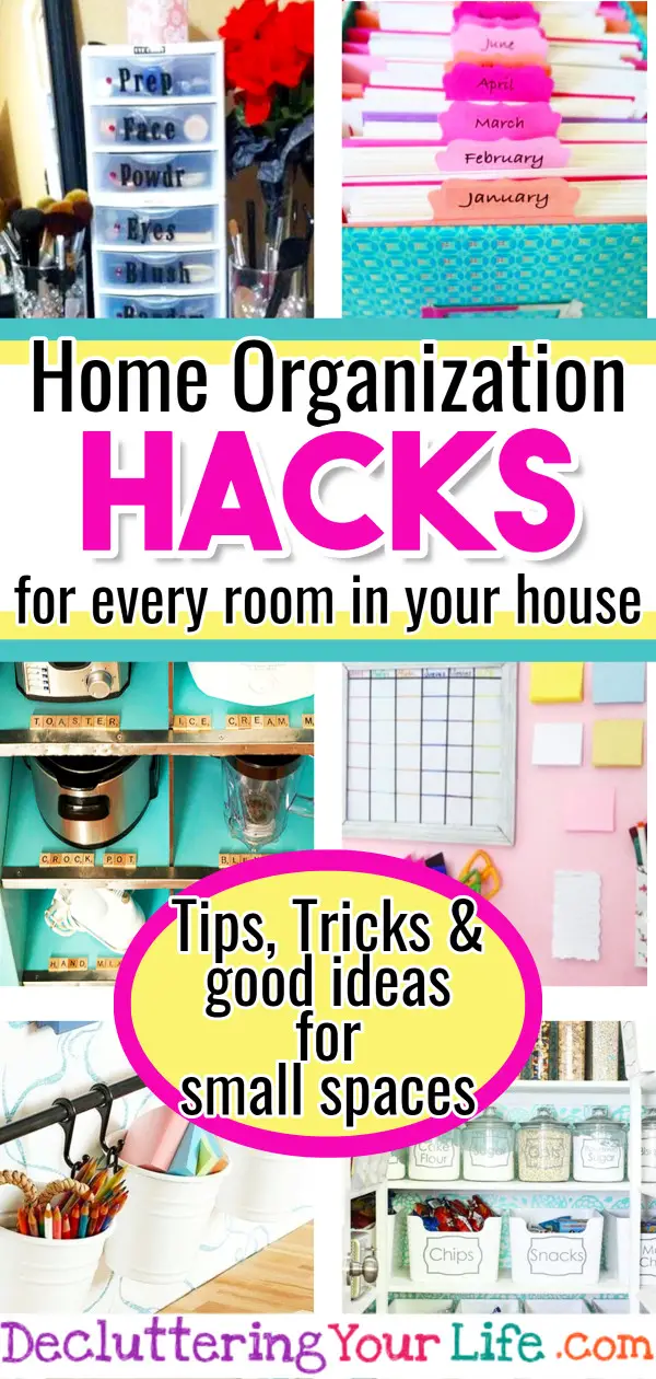 Home Organization HACKS!  Easy DIY home organization hacks - such good ideas for small spaces (easy storage solutions)  How to organize and declutter your tiny house on a budget the creative way.  These useful life hacks are organizing tips and organizing ideas every girls should know.  Great for apartments, kitchens, bathroom, closet, pantries using command hooks, curtain rods, baskets and more good ideas and home organization hacks that work.
