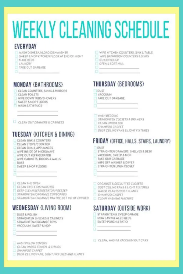 Weekly cleaning schedule and House Cleaning Charts - Weekly house cleaning schedule with daily cleaning checklist (printable)