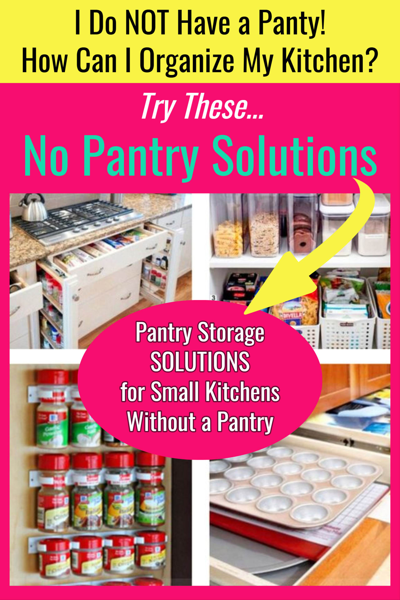 Kitchen pantry organization hacks for when you do NOT have a kitchen pantry area. Wish you had a small kitchen pantry, but you need pantry alternatives?  Here's Help! No pantry ideas for small kitchens, apartment kitchen and other tiny kitchens that need no pantry solutions.  If you need pantry ideas for small spaces BUT you do NOT have a pantry in your kitchen, these are the kitchen storage and organization ideas for you!  Small kitchen solutions for the win!