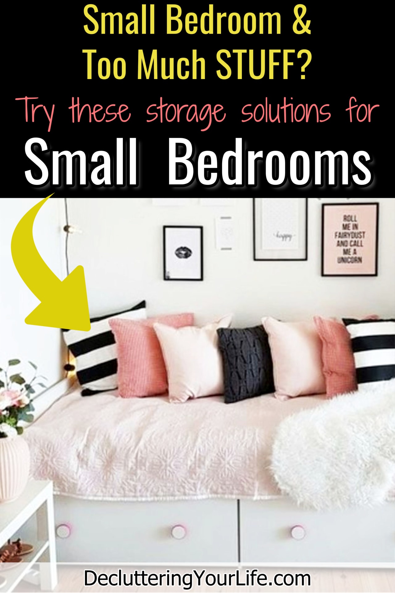 DIY small bedroom storage ideas - Staying organized in small spaces (like a small bedroom or small college dorm room) is hard when you have too much STUFF.How to declutter all the random junk in your bedroom with creative organizing tips and home storage and organization ideas for small bedrooms.  Easy ways to declutter your clutter from cluttered mess to organized success
