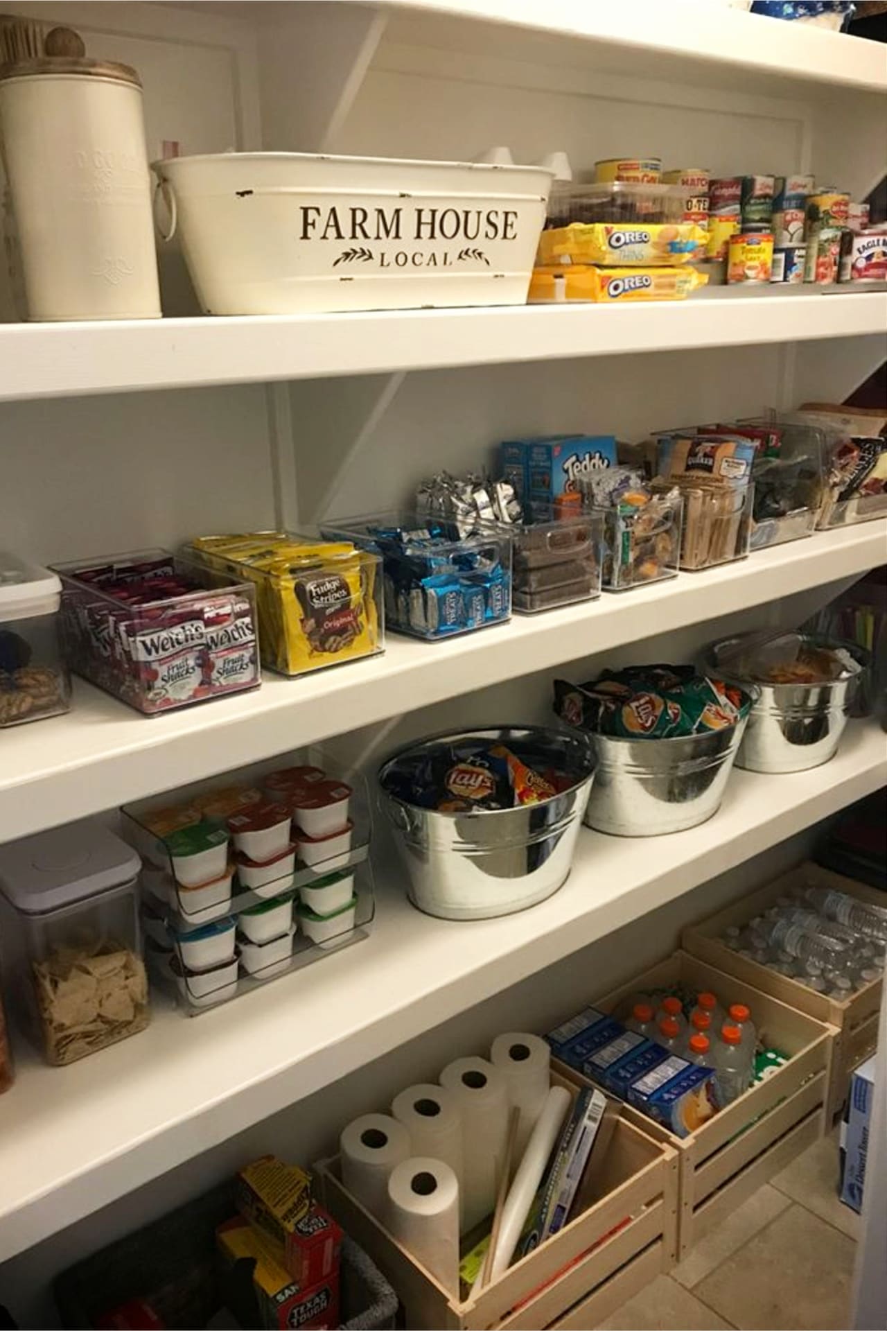 Farmhouse pantry organization - Kitchen organization open shelving - DIY country store shelves to declutter and organize a farmhouse kitchen pantry