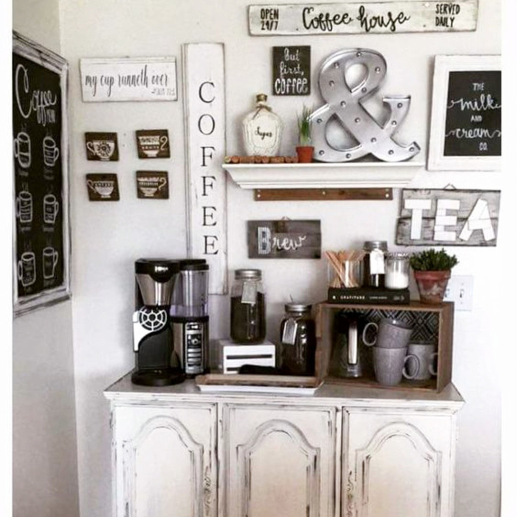 Farmhouse Coffee Bar-Coffee Station Ideas For Small Spaces