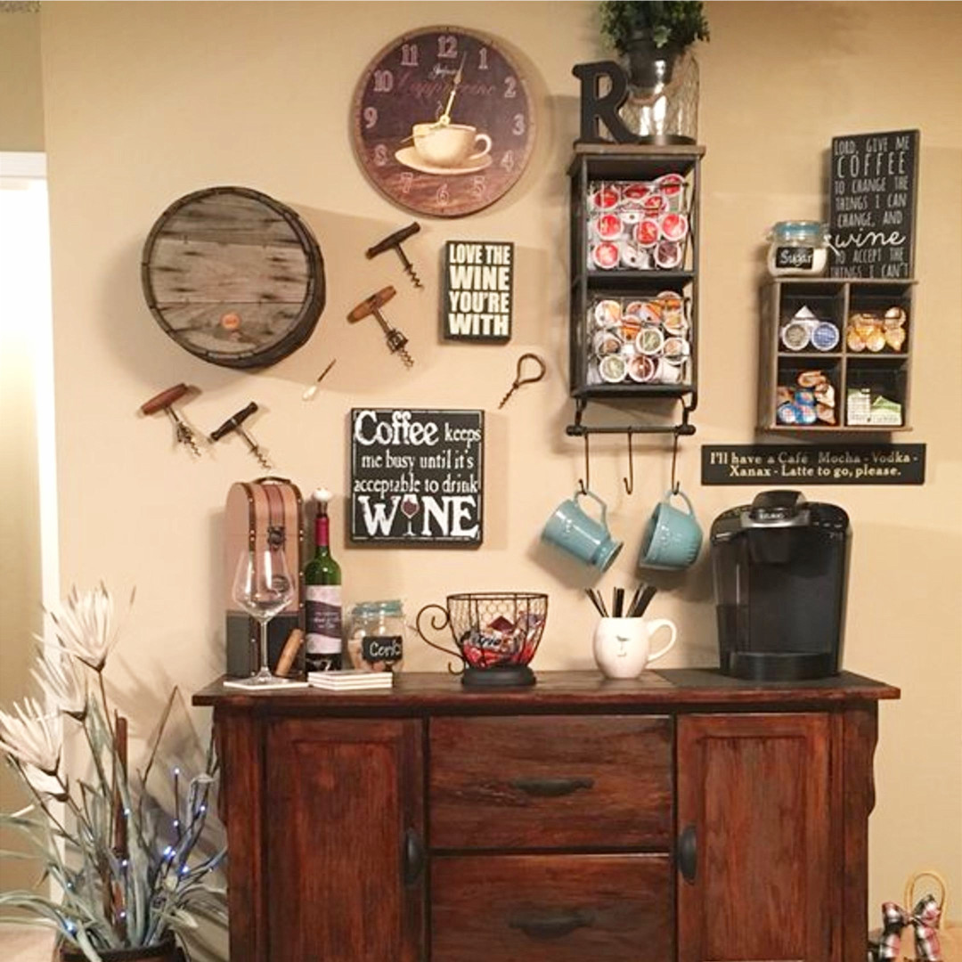 Love this rustic coffee bar AND wine bar in one!  Great set up for a kitchen beverage station!