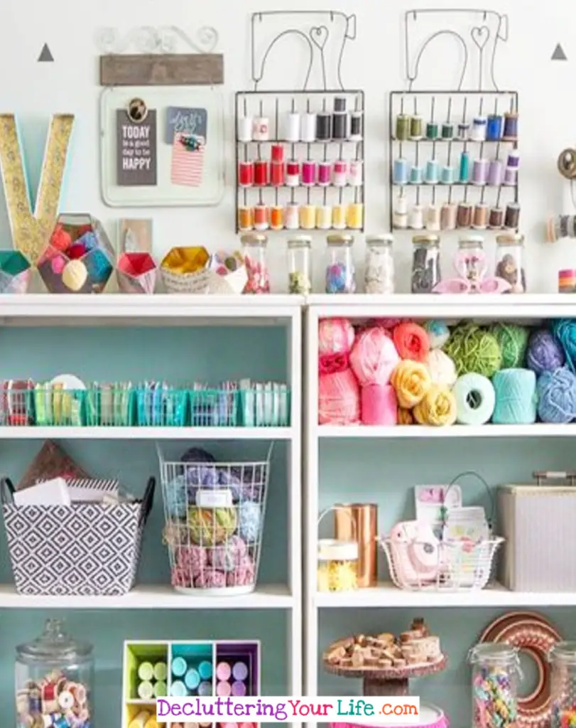 Beautiful Craft Room Shelves - so organized!  - Craft Room Organizing Ideas #gettingorganized #goals #organizationideasforthehome