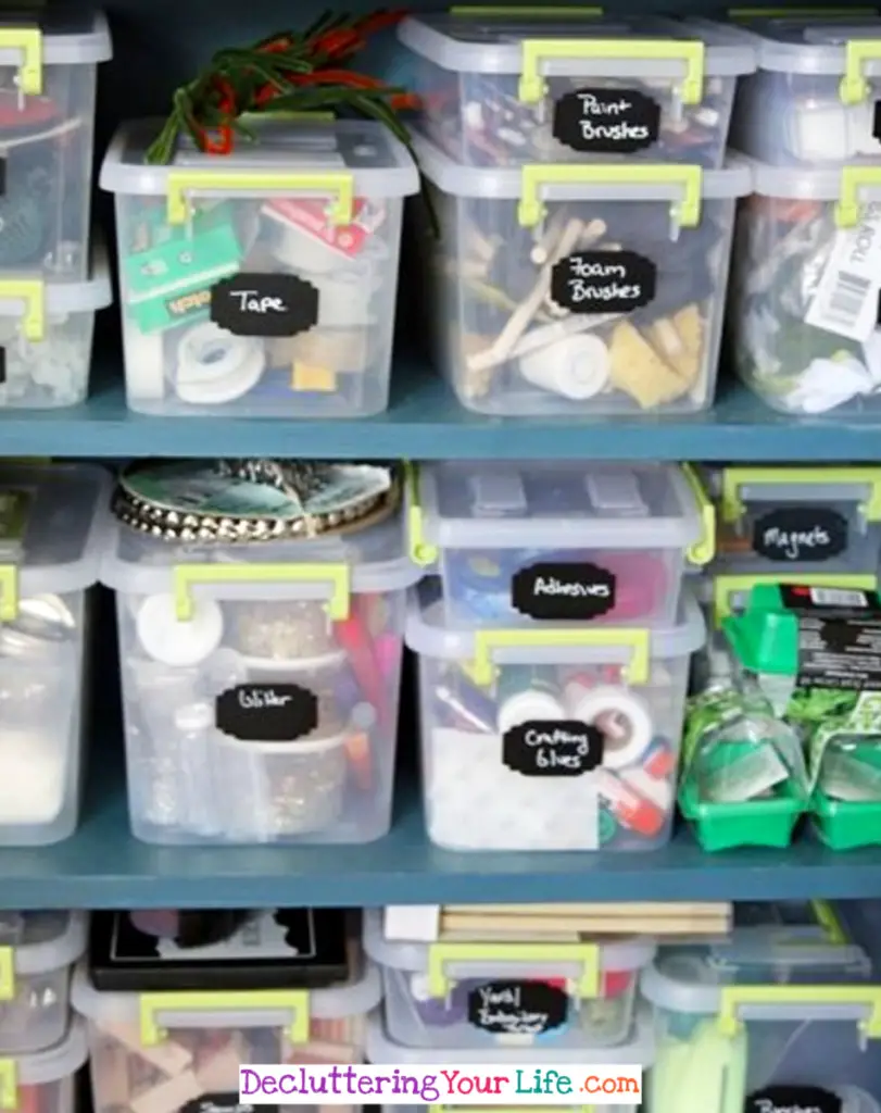 Sorting Craft Supplies into Categories with Clear Bins with Labels - Craft Room Organizing Ideas #gettingorganized #goals #organizationideasforthehome