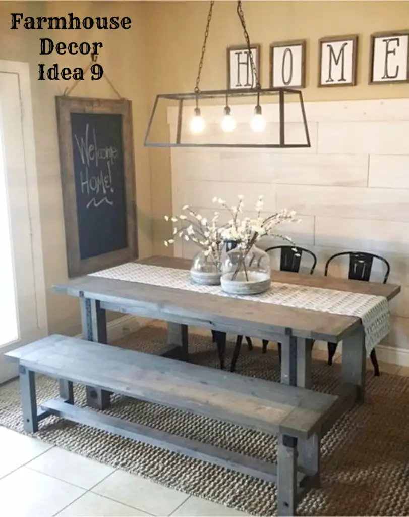 Farmhouse dining room - love the rustic table and benches!  Clutter-free Farmhouse Decor Ideas #farmhousedecorating #rusticfarmhouse #diydecor #homedecorideas #diyhomedecor #farmhousestyle #farmhousedecorideas #decoratingideas #kitchenideas #livingroomideas #bedroomideas #bathroomideas #laundryroomideas