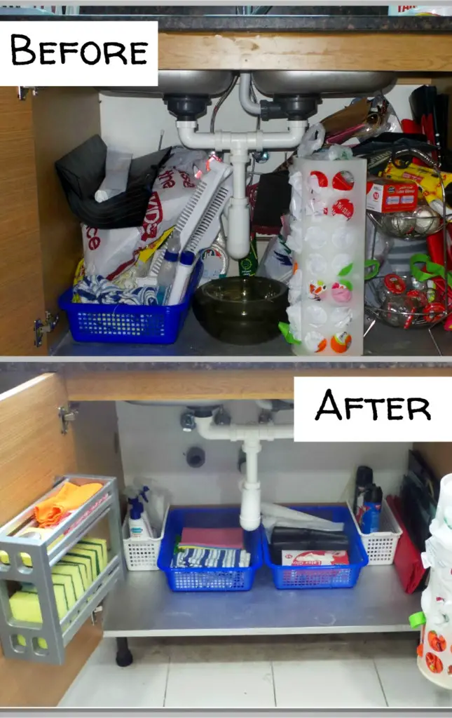 Organize under the kitchen sink - before and after pictures and under sink organizing ideas #gettingorganized #organizationideasforthehome #getorganized #cleaninghacks #kitchenideas #cleaningtricks #organizedhome #diyideas #diyinspiration #organizingtips