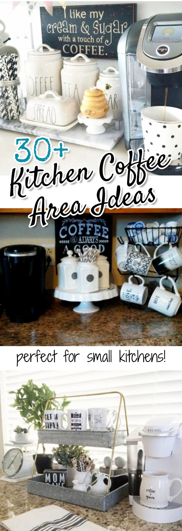 Gorgeous Kitchen Coffee Area Ideas we LOVE!  Perfect ideas for small kitchens, apartment kitchens, condo or lakehouse kitchens - and even as a dorm room coffee bar set up #homedecorideas #diyhomedecor