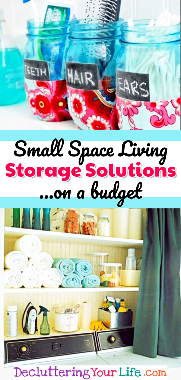 Small Space Living Storage Solutions On A Budget!  Cheap and easy DIY storage hacks for your apartment, bedroom, studio, trailer, kitchen, bathroom, rental and all tiny houses with no storage spaces