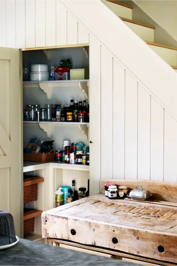 Under stair storage ideas - country farmhouse kitchen pantry under stairs
