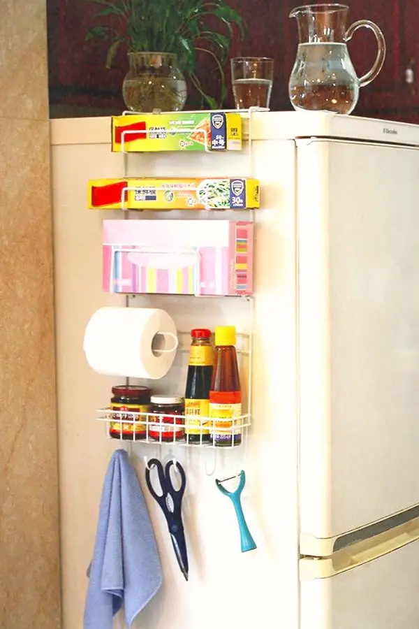 small apartment kitchen storage ideas - Hang a Cheap Rack on Your Refrigerator