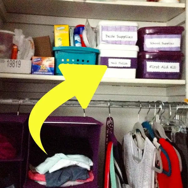 Organizing with baskets and bins in your college dorm room closet
