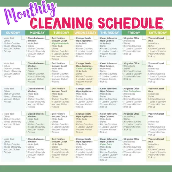 Monthly cleaning schedule - 30 day house cleaning schedule