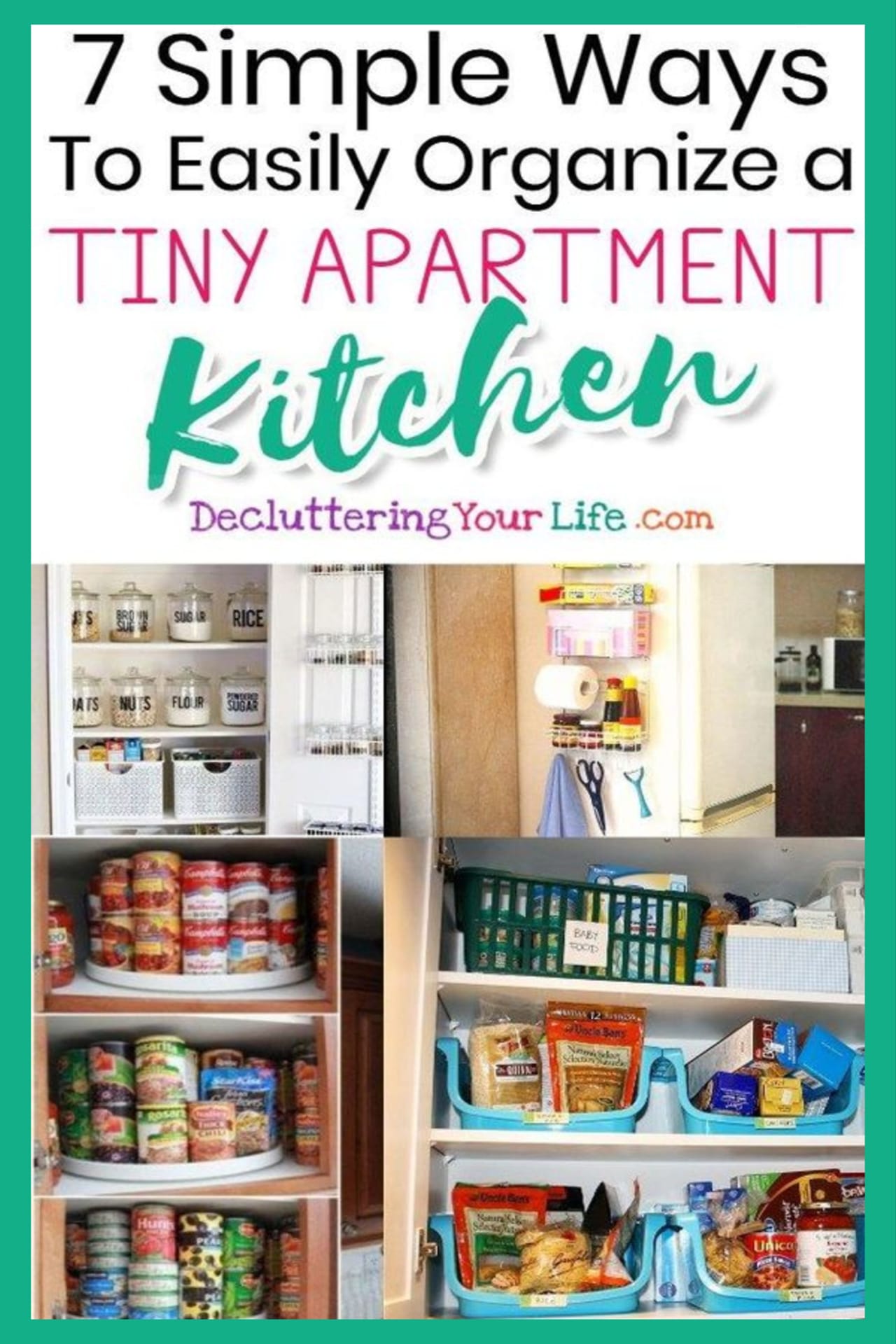 Small apartment kitchen storage and organization hacks for maximizing space in small kitchens (with or with a pantry).  Clever ways  for organizing a kitchen with no storage space - even if you're on a budget