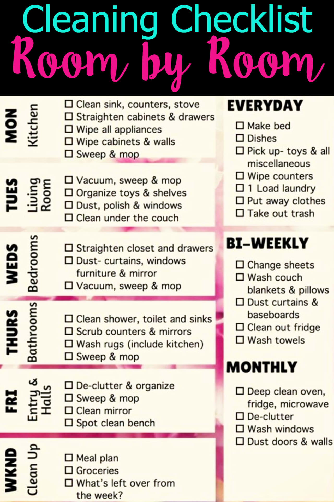 cleaning checklist by room - house cleaning schedules and charts