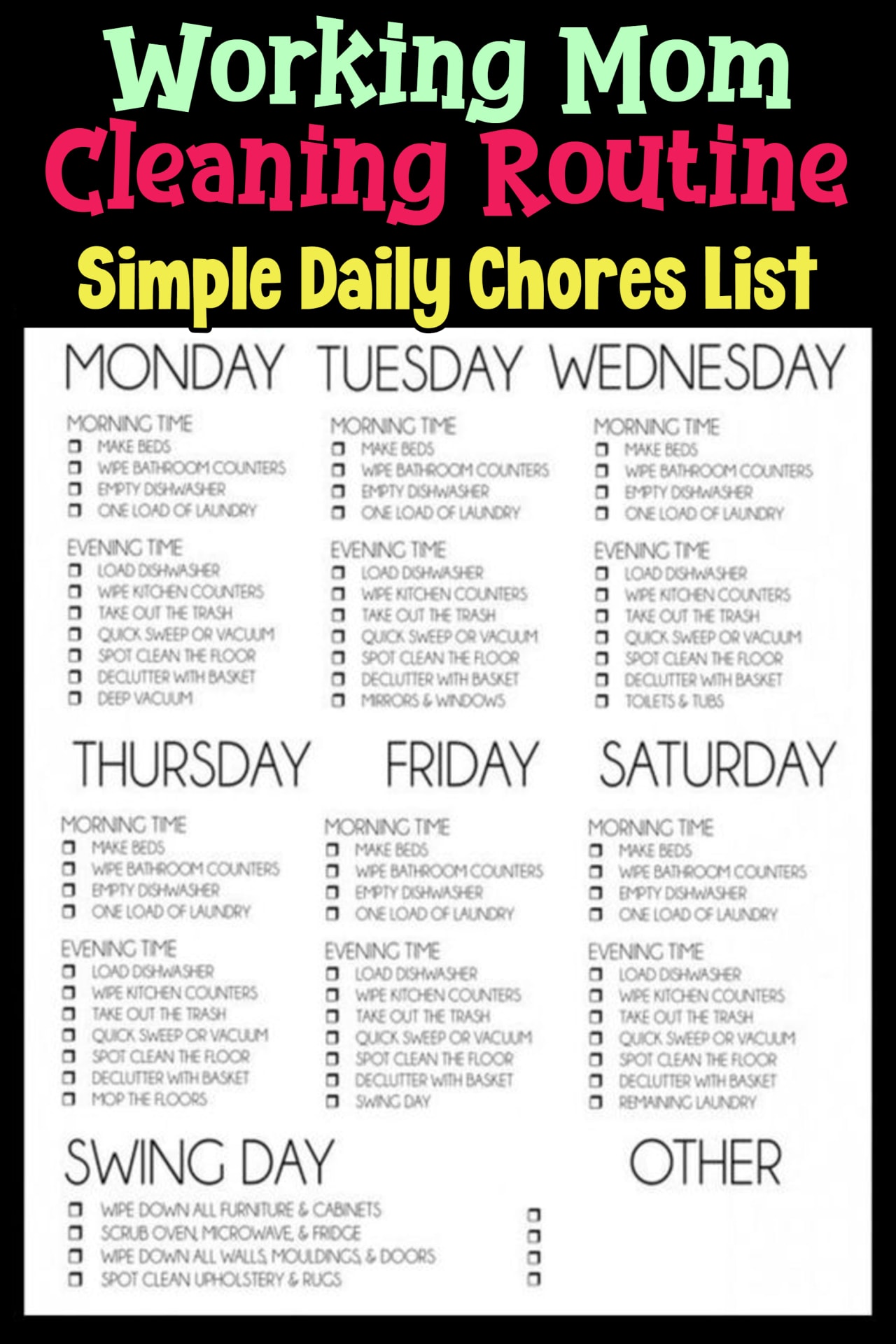 cleaning schedule working mom printable pdf