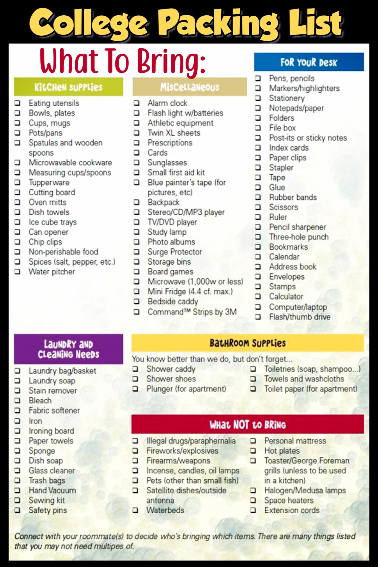 College packing list - dorm room checklist - what to pack for college freshman year - essential dorm room supplies check lists - dorm room shopping list