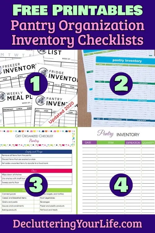 Pantry Organization Printables - These 4 free pantry inventory printable checklists are a life saver AND a money saver for an UNcluttered and organized pantry in your kitchen. Learn more pantry clutter solutions at Decluttering Your Life DIY house clutter organizing ideas blog 