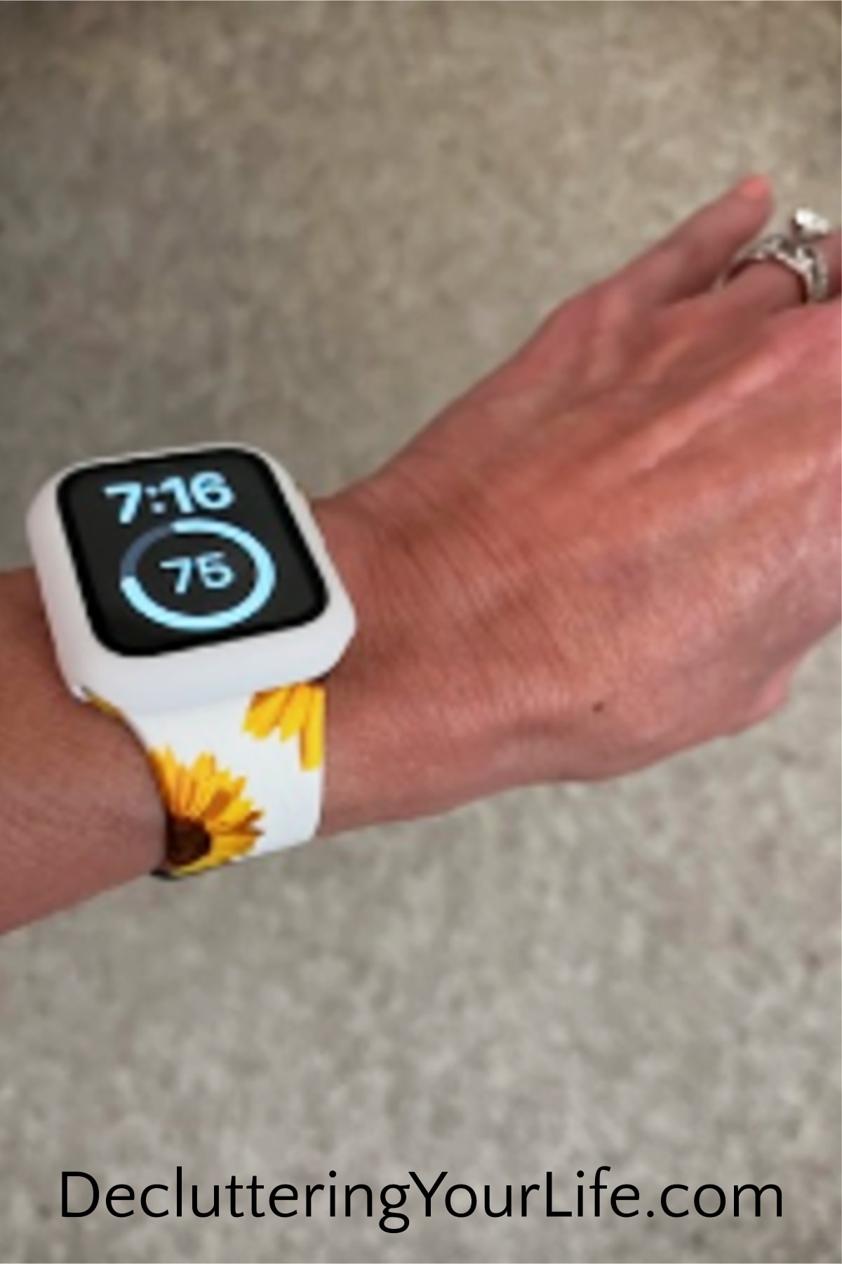 My sunflower Apple Watch band - I wear my Apple Watch for all my 10 minute decluttering challenges. It really helps declutter my home AND close all my fitness rings!