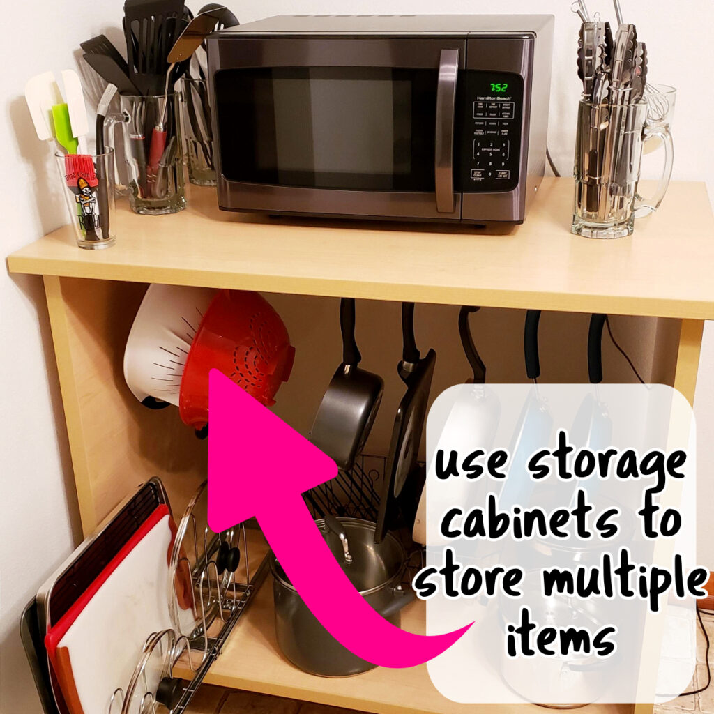 apartment organization hacks - small storage shelf cart for microwave AND additional storage space