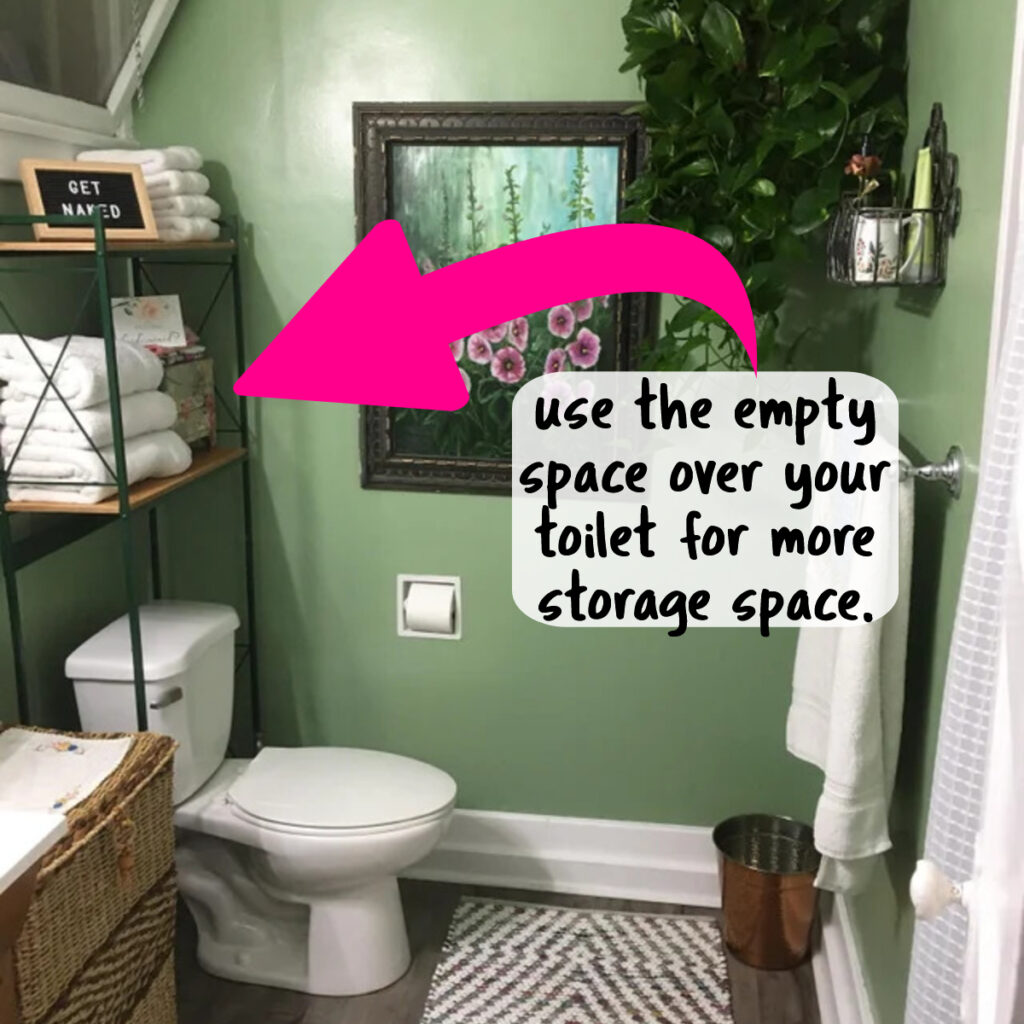 small apartment hacks for a tiny rental bathroom - get more storage space by using wall over toilet
