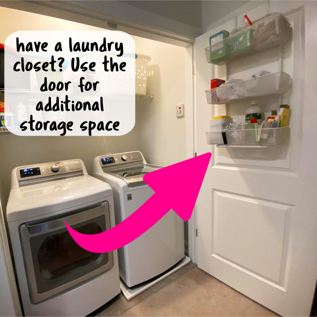 small apartment storage - tiny laundry closet organization hack - use the back of the door to declutter and organize