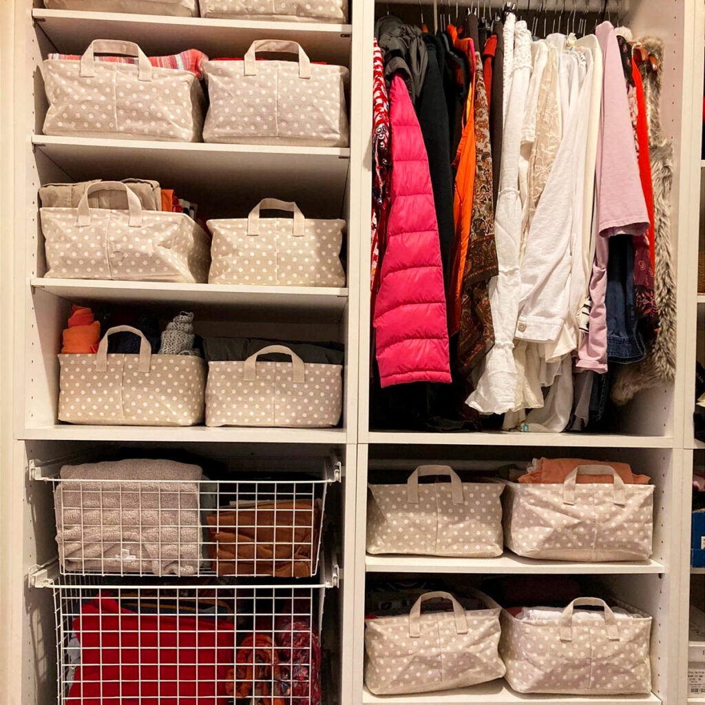 small apartment storage ideas - cheap dollar tree organizers and baskets to organize clothes in tiny rental closet