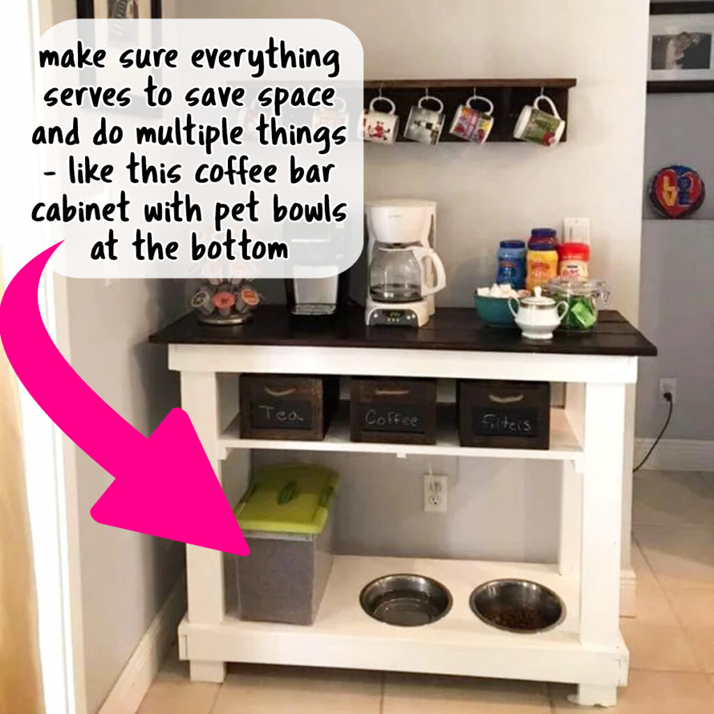 tiny apartment storage ideas - coffee bar cabinet shelf in corner with pet food bowls and storage at bottom