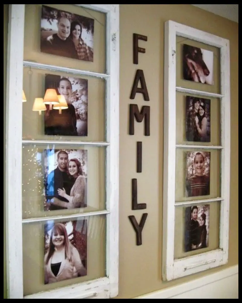 Old windows wall decorating ideas - make a family photo wall with old window frames
